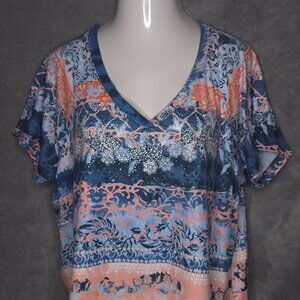 Gloria Vanderbilt Womens XXL Short Sleeve V-Neck Top Studded Accents Blue Coral